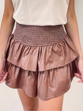 Boutique Brown Faux Leather Smocked Ruffle Skort Size Small